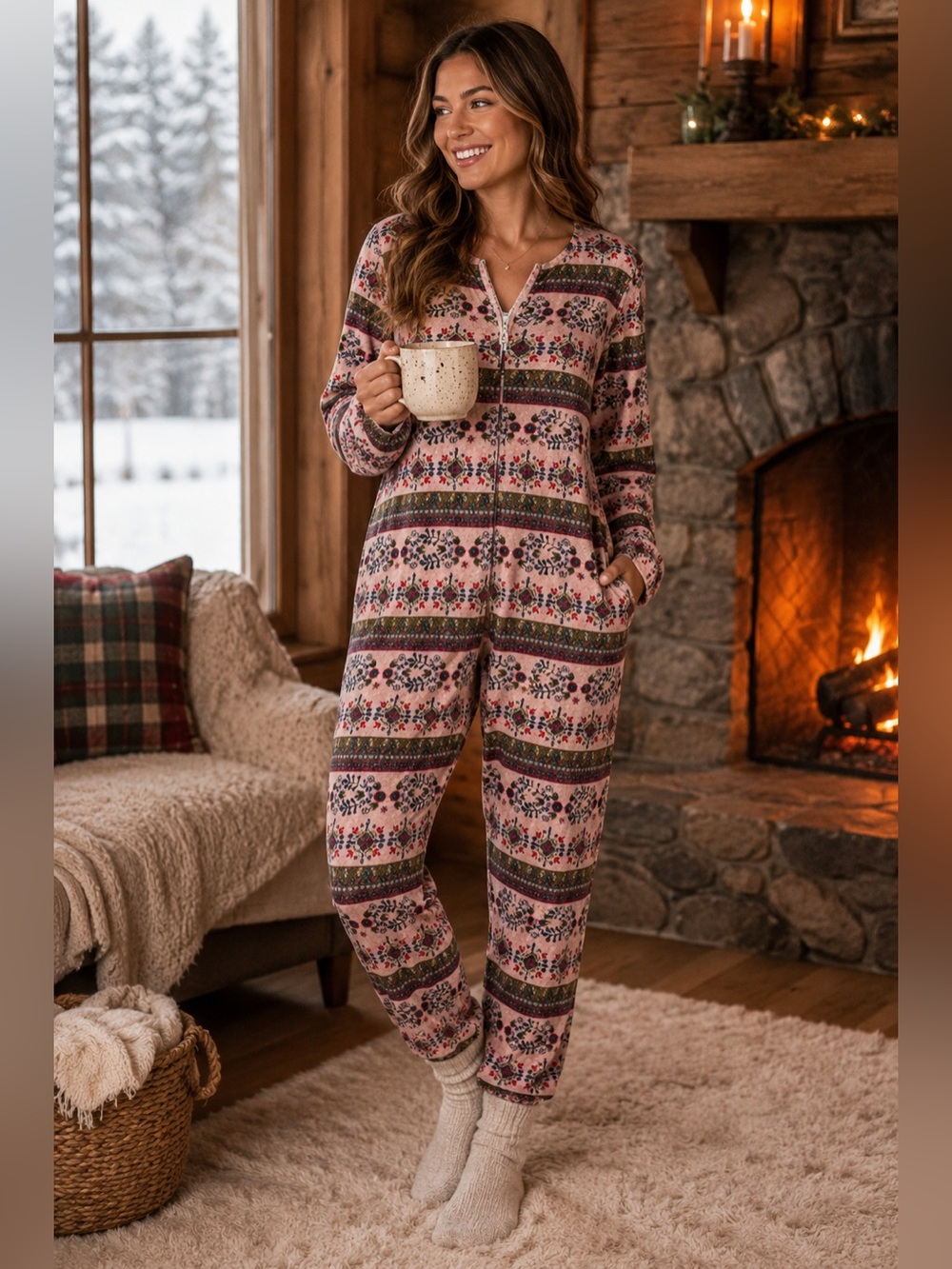 Natural Life Cozy Fleece Pajama Jumpsuit Fair Isle Print Pink Large